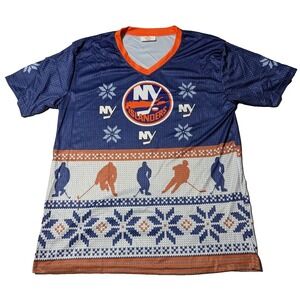 NEW YORK ISLANDERS HOCKEY Men XL Blue Coyote Promotions AOP V-Neck T-Shirt EUC